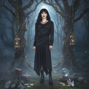 VTG 80s Black Asymmetric Ruched Draped Dress Large Fairy Witchcore Whimsigoth